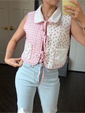 Pink Patchwork Tie-Front Quilted Vest